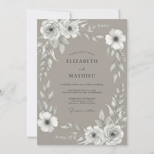 Braunweiße Rosenhochzeit Einladung (Vorderseite)