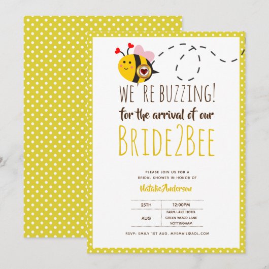 Braut 2 BEE Niedlich Gelbe Hochzeit oder Brautpart Einladung (Vorne/Hinten)