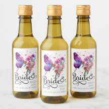 Braut Boho Floral Schmetterling Name Mini Wein Eti