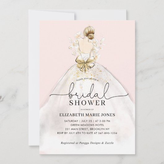 Braut Braut Gown Dress Floral Pink Brautparty Einladung (Vorderseite)
