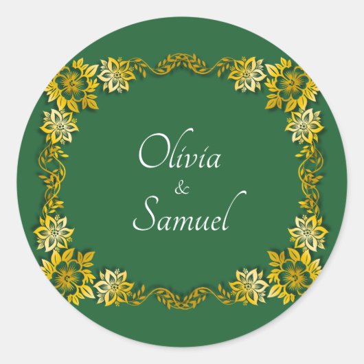 Braut & Bräutigam Namen Smaragdgrün & Gold Runder Aufkleber (Vorderseite)