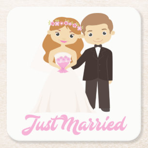 Braut & Bräutigam Rosa Frisch Vermählt Hochzeit Rechteckiger Pappuntersetzer