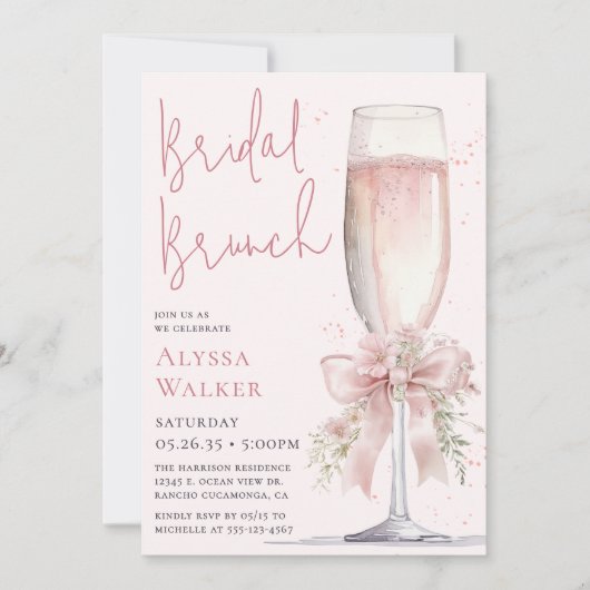 Braut-Brunch Rosa Champagnerglas Einladung (Vorderseite)