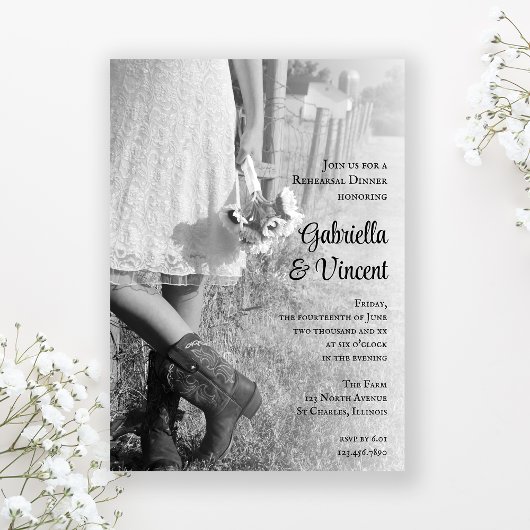 Braut, Cowboy Stiefel, Sonnenblumen Probe Abendess Einladung