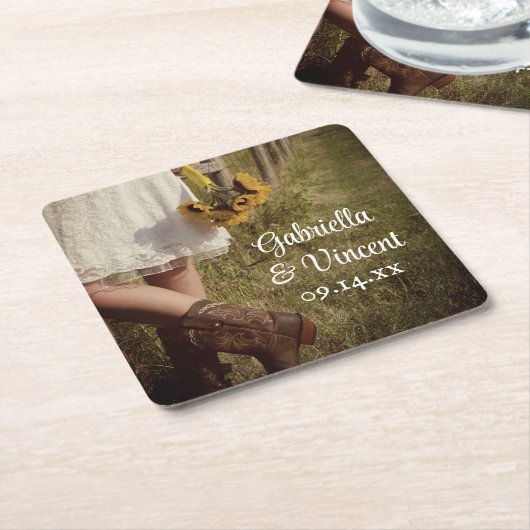 Braut, Cowboy Stiefel und Sonnenblumenranch Hochze Rechteckiger Pappuntersetzer (angewinkelt)