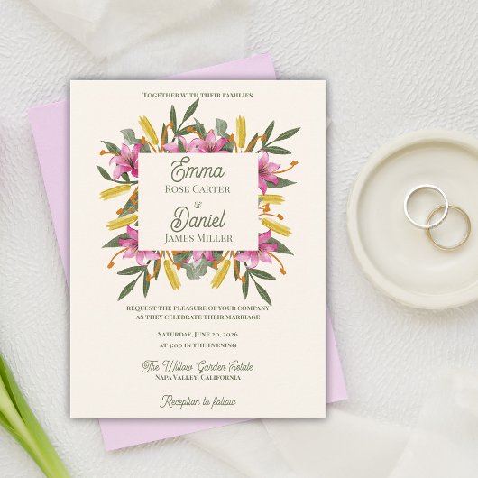 Braut-Einladung mit botanischem Lilienmotiv in Ros Postkarte