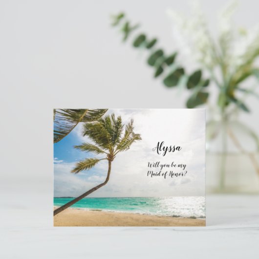 Braut Fragend Trauzeugin Beach Wedding Note Card Einladung (Stehend Vorderseite)