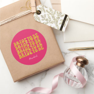 Braut Gold Glitter-Text mit Namen, Rosa Runder Aufkleber