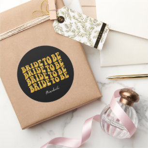Braut Gold Glitter-Text mit Namen, Schwarz Runder Aufkleber