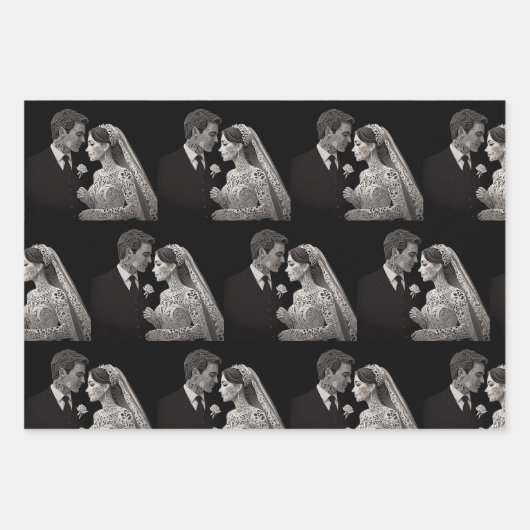 Braut & Groom Delicate White auf schwarz Geschenkpapier Set (Vorderseite 3)