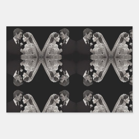 Braut & Groom Delicate White auf schwarz Geschenkpapier Set (Vorderseite 2)