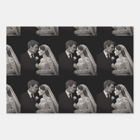 Braut & Groom Delicate White auf schwarz Geschenkpapier Set (Vorderseite)