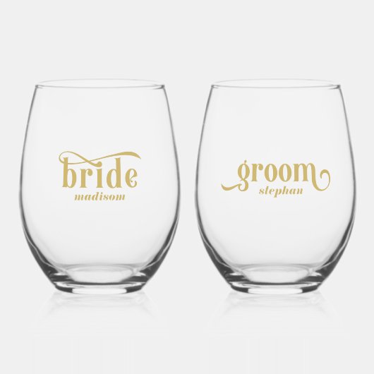 Braut, Groom-Elegant-Gold-Typografie Weinglas Ohne Stiel (Vorderseite)