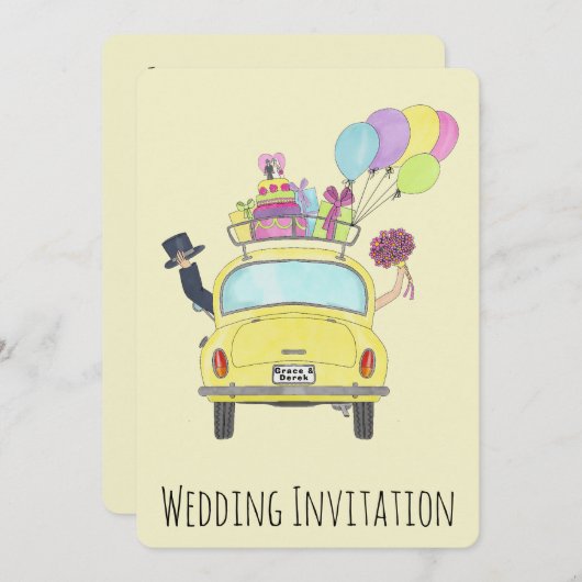 Braut & Groom in Car Hochzeit Einladung (Vorne/Hinten)