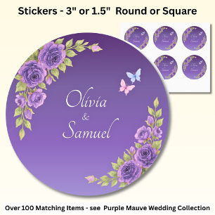 Braut & Groom Namen Lila Mauve Blume & White Runder Aufkleber