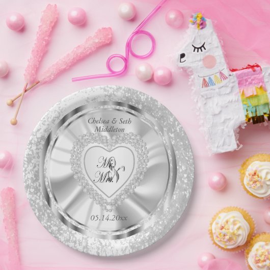 Braut & Groom Satin und Silberne Hochzeit Pappteller (Party)