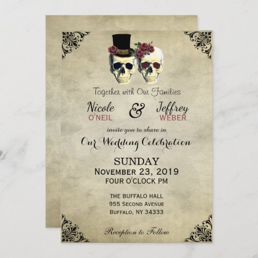 Braut & Groom Skull Goth Rustikale Hochzeit Einladung (Vorne/Hinten)