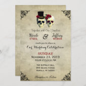 Braut & Groom Skull Goth Rustikale Hochzeit Rot Einladung (Vorne/Hinten)
