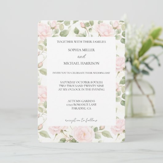 Braut Hochzeit Rosa Weiße Blumen Einladung (Stehend Vorderseite)