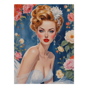 Braut im Pin-Up-Stil mit blonden Haaren vor floral Poster