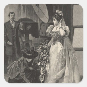 Braut im Vintage-Stil, Brautporträt mit Fotograf Quadratischer Aufkleber