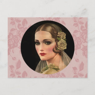 Braut im Vintage-Stil mit Rosen Postkarte