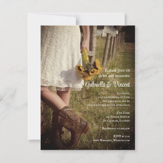 Braut in Cowboy Boots mit Sonnenblumenhochzeit Magneteinladung (Vorderseite)