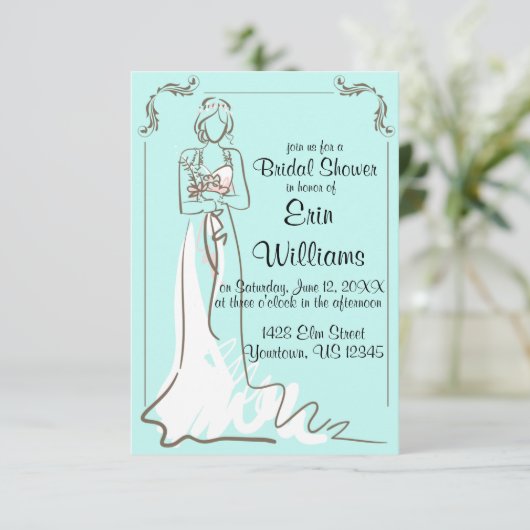 Braut in Dress Sketch Bridal Dusche Einladung (Stehend Vorderseite)