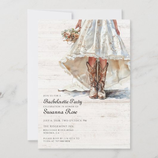 Braut in Hochzeitskleid Cowgirl Junggeselinnen-Abs Einladung (Vorderseite)