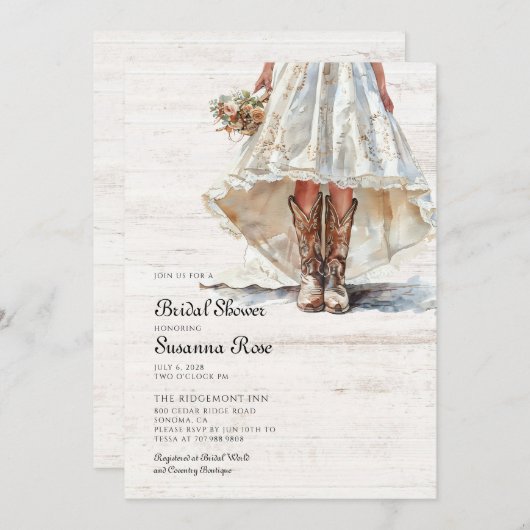 Braut in Hochzeitskleid Cowgirl Stiefel Brautparty Einladung (Vorne/Hinten)