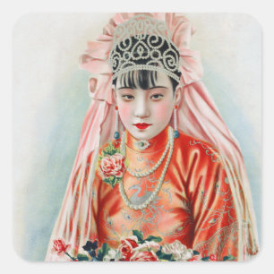 Braut in Rot bei einer chinesischen Hochzeit in Sh Quadratischer Aufkleber