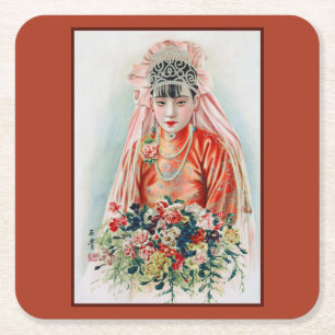 Braut in Rot bei einer chinesischen Hochzeit in Sh Rechteckiger Pappuntersetzer