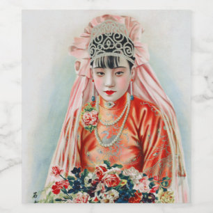 Braut in Rot bei einer chinesischen Hochzeit in Sh Weinetikett