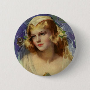 Braut in Vintage-Optik mit einer Bibel, Religiöse  Button