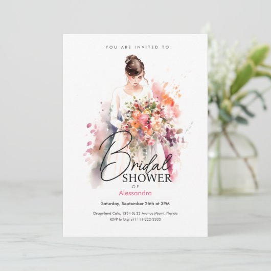 Braut mit Blume in Wasserfarbe | BRAUTPARTY Einladung (Stehend Vorderseite)