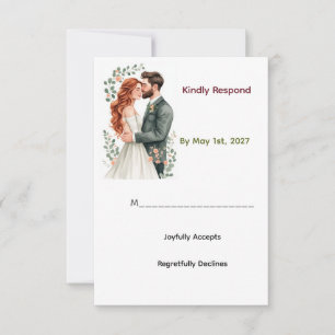 Braut mit kastanienbraunem Haar und Bräutigam mit RSVP Karte