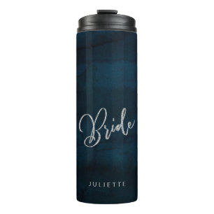 Braut mit Navy-Luster-Dunkelblau-Silber-Monogramm Thermosbecher