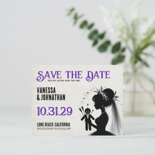 Braut mit Voodoo-Puppengürtel Save The Date (Stehend Vorderseite)