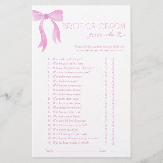 Braut oder Groom Guess, die rosa Bow Dusche Spiel (Vorderseite)