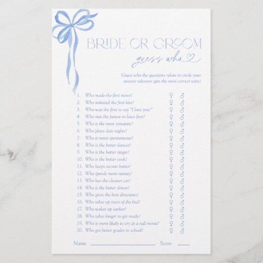 Braut oder Groom Ratgeber, wer Blue Bow Duschspiel (Vorderseite)