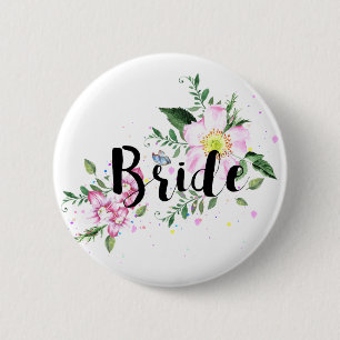 Braut Rosa Florale Wasserfarbe Hochzeit Brautparty Button