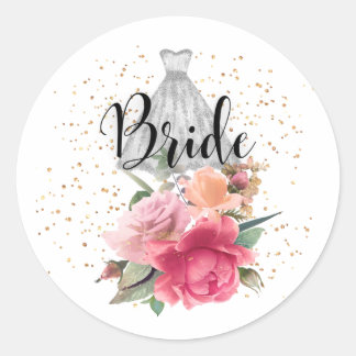 Braut-Sticker mit floralem Kleid und Glitter Runder Aufkleber