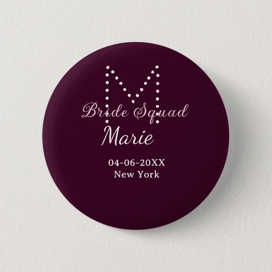 Braut-Truppe Name Monogramm Brautjungfer Mauve Button (Vorderseite)