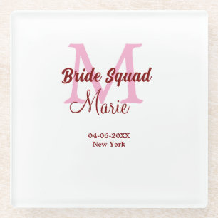 Braut-Truppe Name Monogramm Brautjungfer Pink Datu Glasuntersetzer