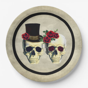 Braut-u. Bräutigam-Schädel-Skeleton rustikale Pappteller