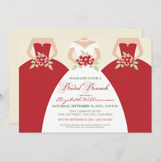 Braut-u. Brautjungfern-BrautBrunch-Einladung (rot) Einladung (Vorne/Hinten)