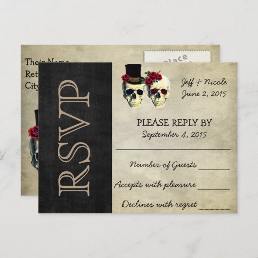 Braut- und Baumzuckerkulls Hochzeit des RSVP Einladungspostkarte (Vorne/Hinten)