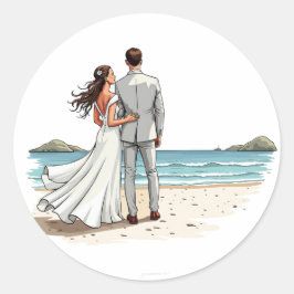 Braut und Bräutigam am Strand Runder Aufkleber