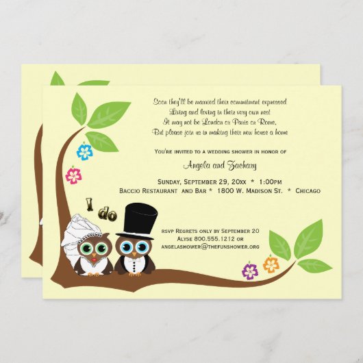 Braut-und Bräutigam-Baum-Eulen-Polterabend laden Einladung (Vorne/Hinten)