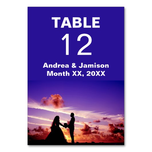 Braut und Bräutigam im Sonnenuntergang Hochzeitska Tischnummer (Vorderseite)